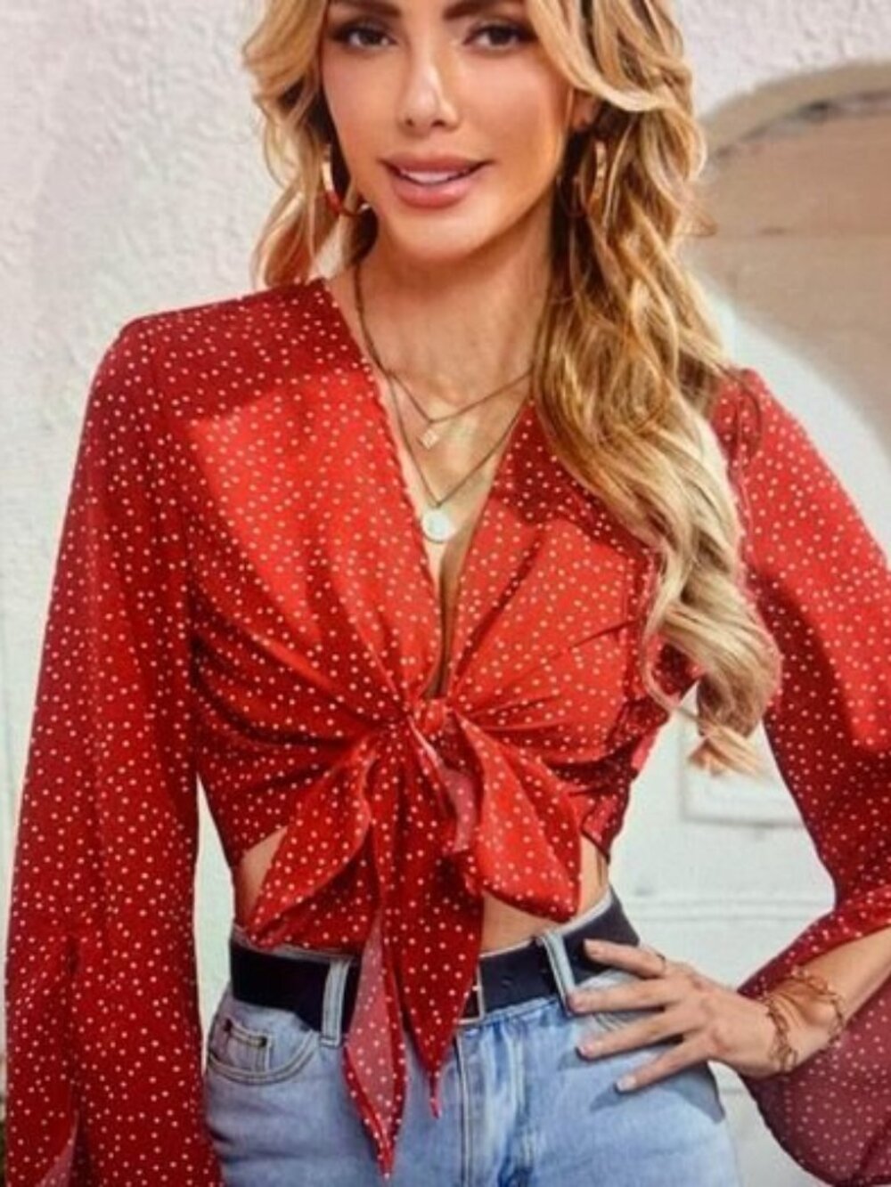 Ladies  XL Red & white front tie top